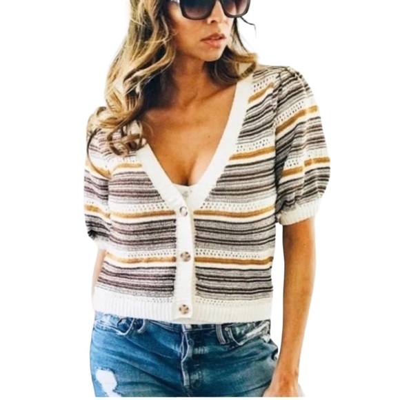 House of Harlow 1960 - NWT Puff Sleeve Stripe Chocolate Brown Cardigan Sz M - Picture 1 of 8